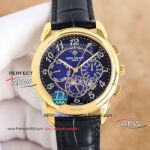 TW Factory Replica Patek Philippe Gold Case Multi-function Chronograph Leather Strap Watch 